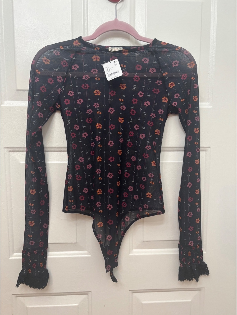 Intimately By Free People Women's Black Floral Mesh Long Sleeve Bodysuit Size S
